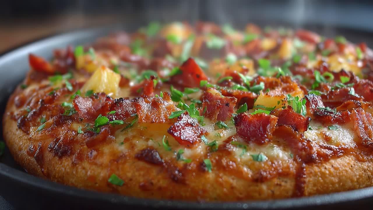 Primo piano di una pizza squisitamente cotta, guarnita con pancetta croccante, pezzi di ananas e prezzemolo fresco, che emana vapore e un aroma appagante