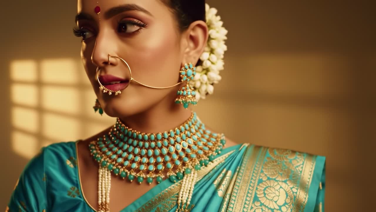 A captivating portrayal of traditional elegance featuring a woman adorned in exquisite jewelry and a vibrant blue saree, embodying the rich cultural heritage and timeless beauty