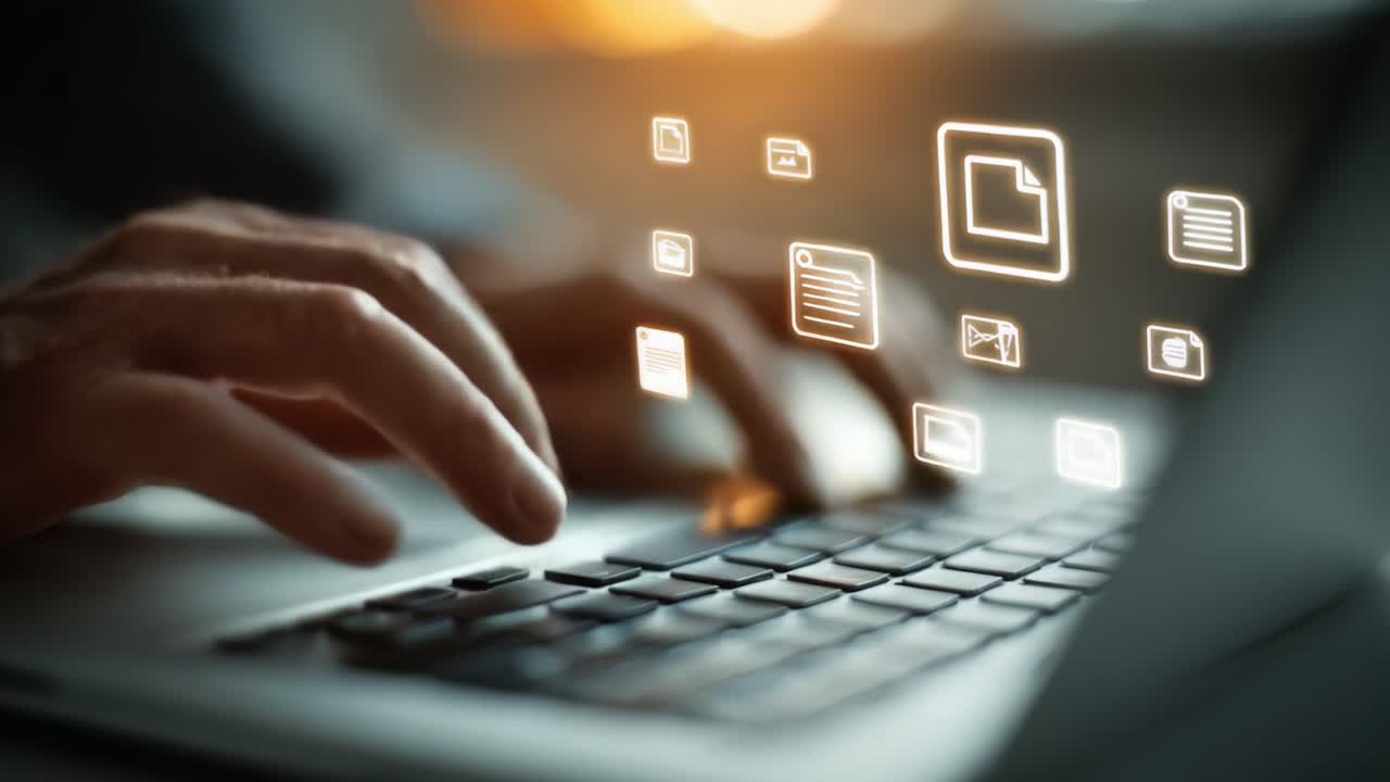 Innovative Digital Workflow: Hands Engaged in Typing on a Laptop with Overlaying Icons Representing File Management and Digital Interaction