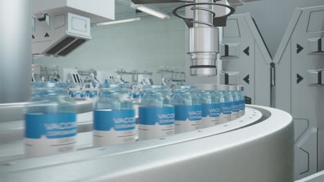 vaccine mass production in laboratory, 3d rendering vaccine bottle packing, machine puts bottle caps on ampoules moving on pharmaceutical conveyor belt in research lab long right cyclic