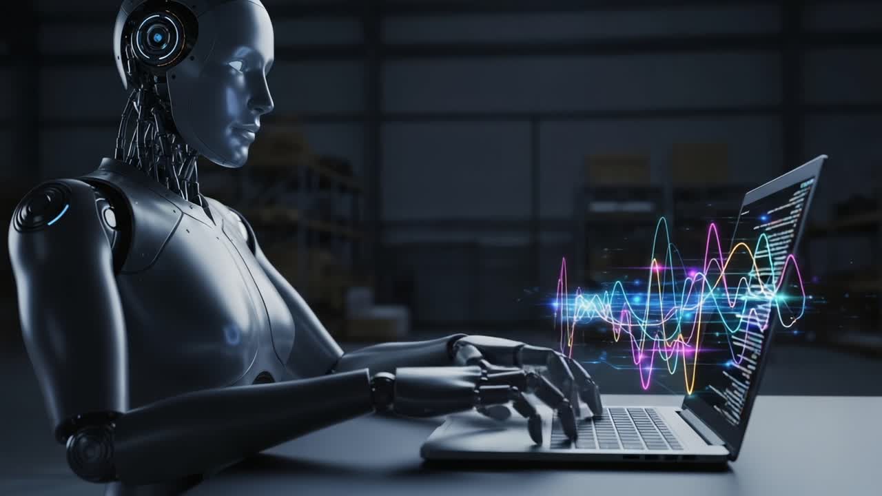 A Futuristic Robotic Assistant Analyzing Data on a Laptop, Visualizing Sound Waves Through Advanced Technology and Artificial Intelligence