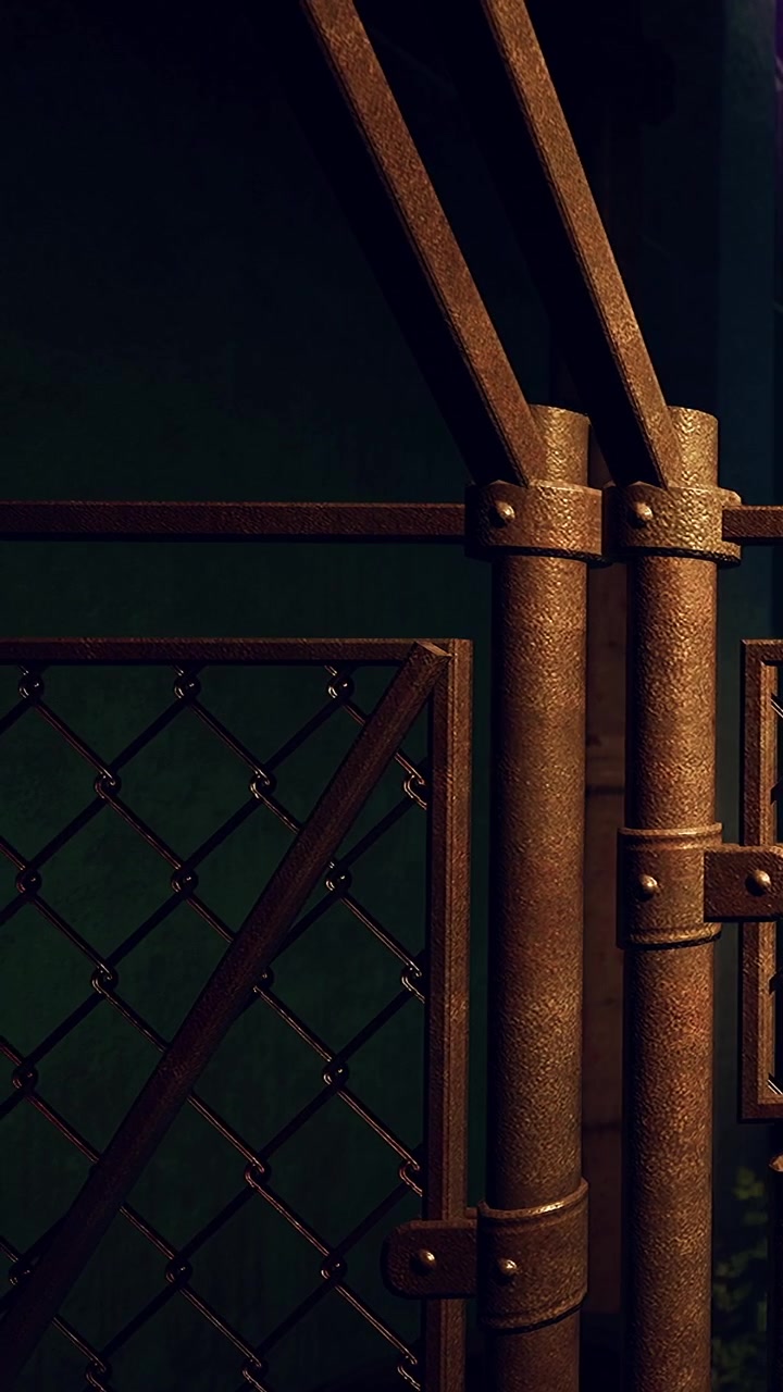 Rusty gate with chains and hinges in a dark setting during evening hours