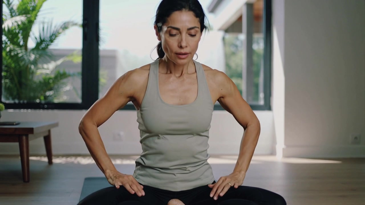 Indåndende voksen kvinde i tanktop og leggings løfter, bøjer sig forover på yogamåtte derhjemme for at opnå jordforbindelse