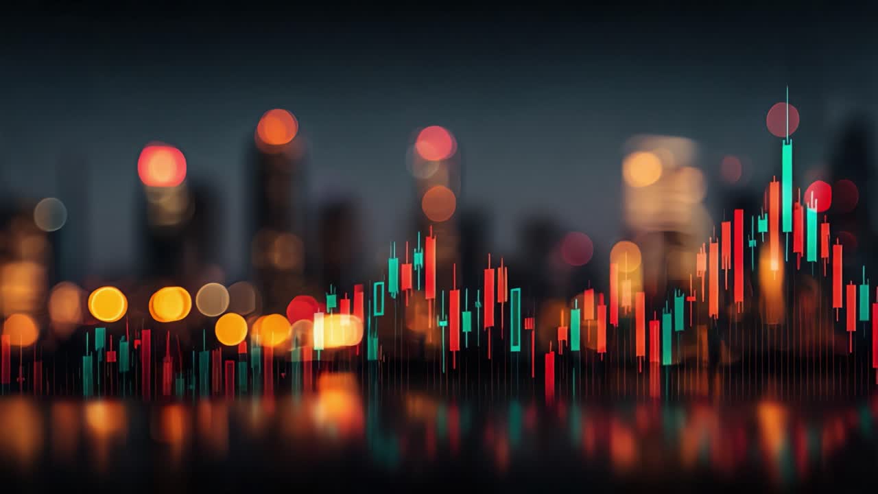Visualizzazione delle Tendenze di Mercato: Grafici a Candela Vivaci su uno Skyline Cittadino Scintillante con Luci Bokeh Sfocate, Evidenziando Fluttuazioni Finanziarie e Analisi dei Dati