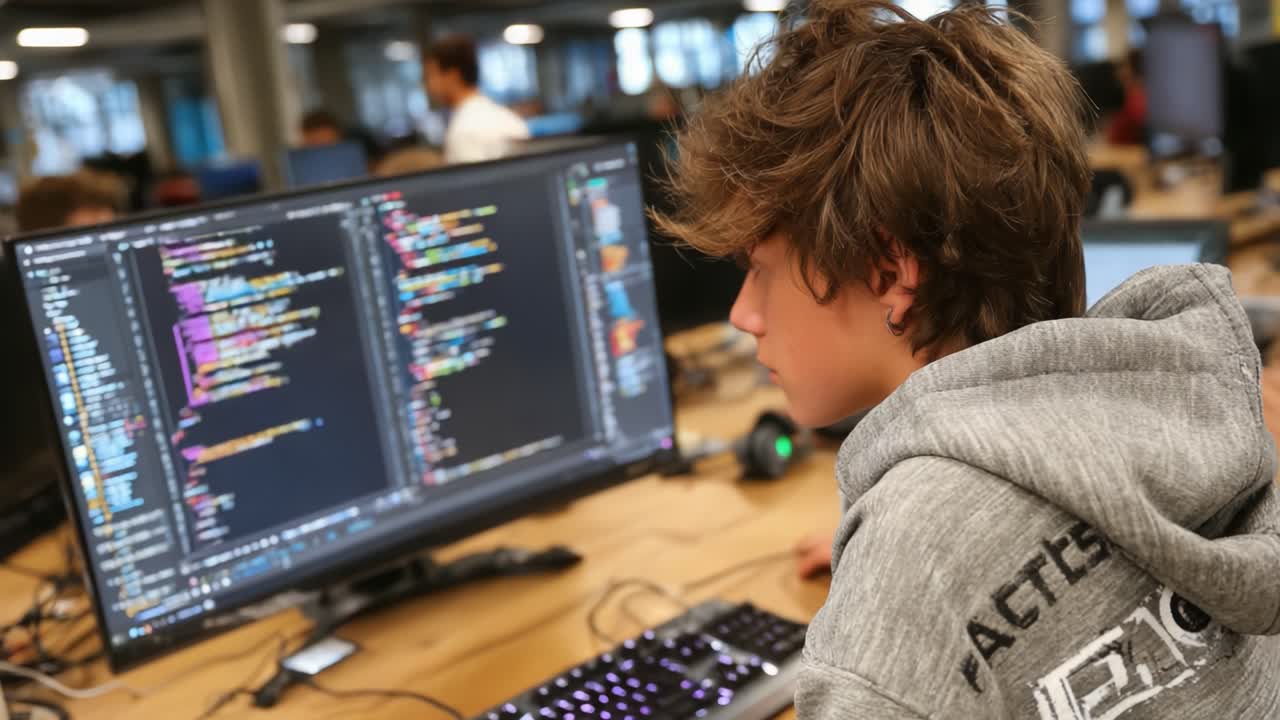 Engaged Young Programmer Analyzing Code on Large Monitor, Focused on Software Development and Learning in Collaborative Tech Environment