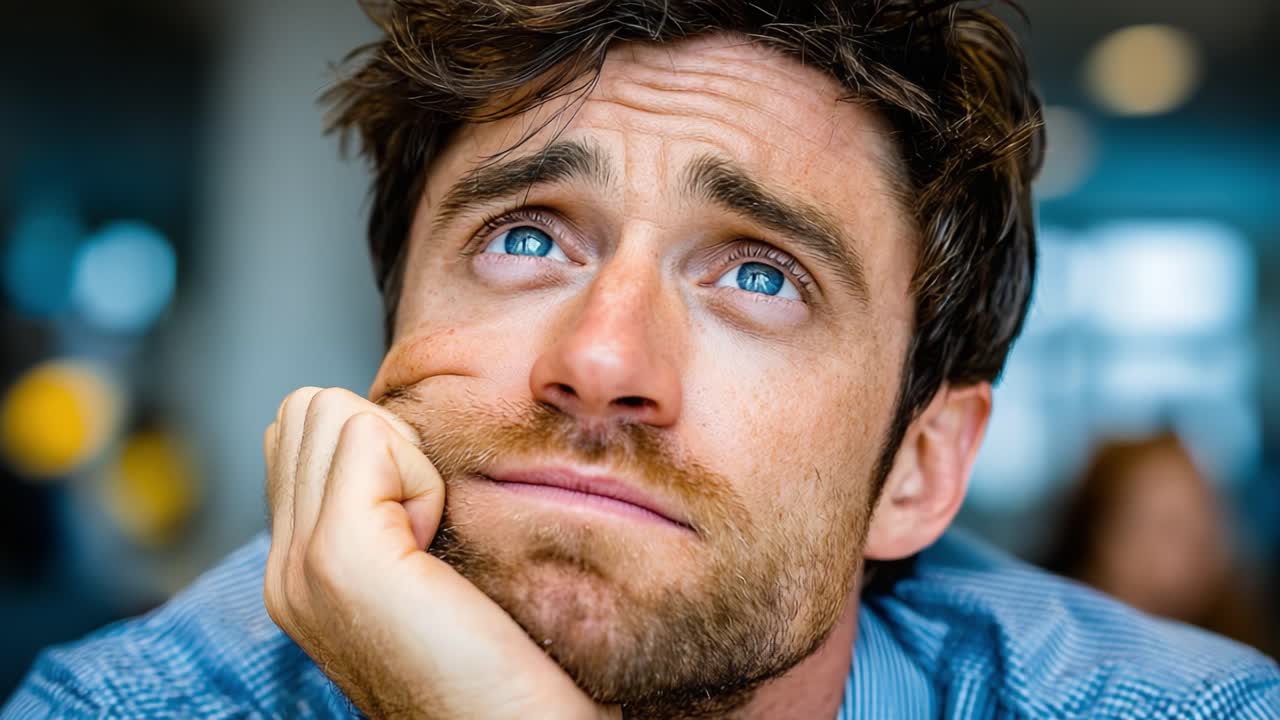 Contemplative Man with Thoughtful Expression, Gazing Upwards with Hopeful Eyes, Reflecting on Life's Decisions and Possibilities in a Subtle Indoor Setting