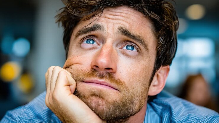 Contemplative Man with Thoughtful Expression, Gazing Upwards with Hopeful Eyes, Reflecting on Life's Decisions and Possibilities in a Subtle Indoor Setting