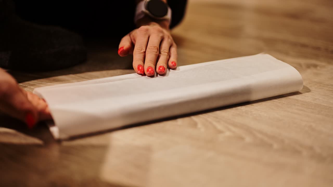 Woman with manicured nails gently ties ribbon on Christmas boxes indoors