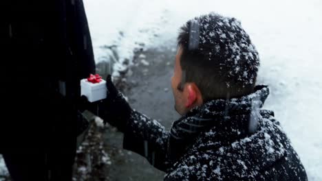 man offering engagement ring to woman while proposing