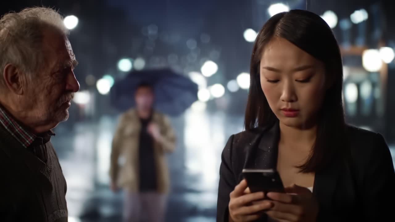 A poignant moment unfolds on a rainy evening as an older man engages a young woman, both expressing deep emotions against a blurred urban backdrop filled with glowing streetlights