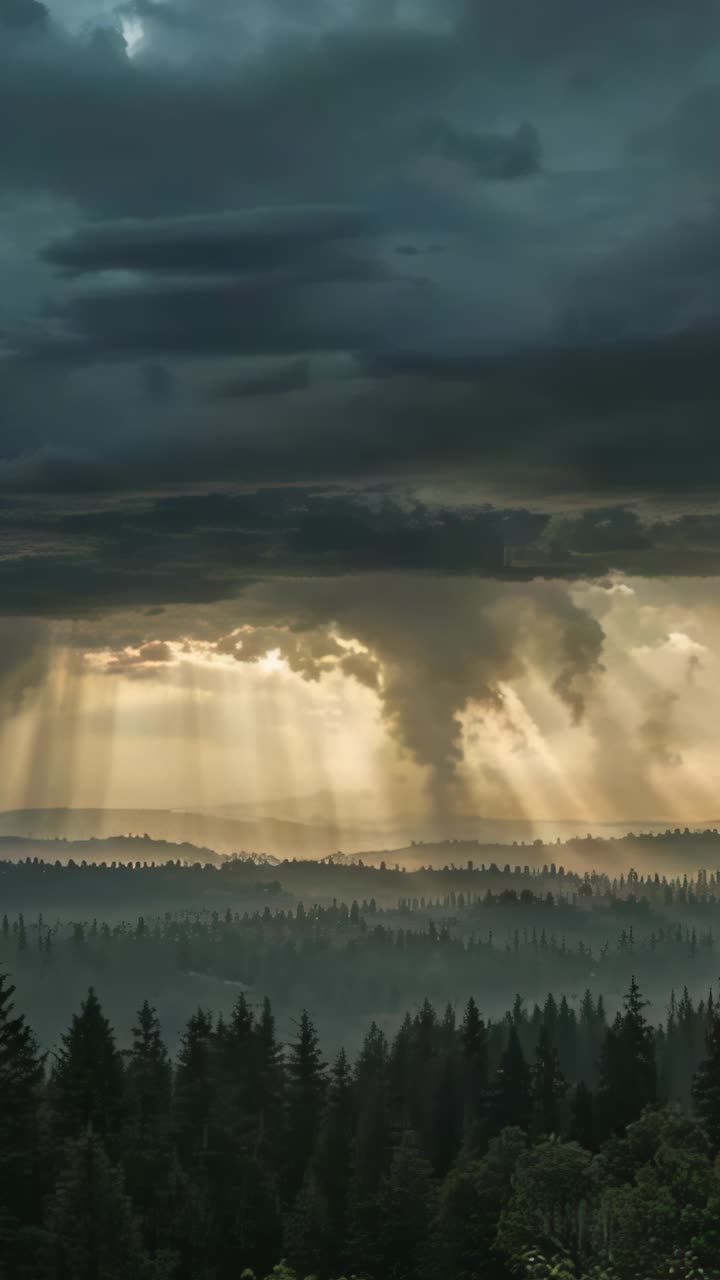 Vertical video: Sinking sun sending golden beams through storm plume over evergreen ridges