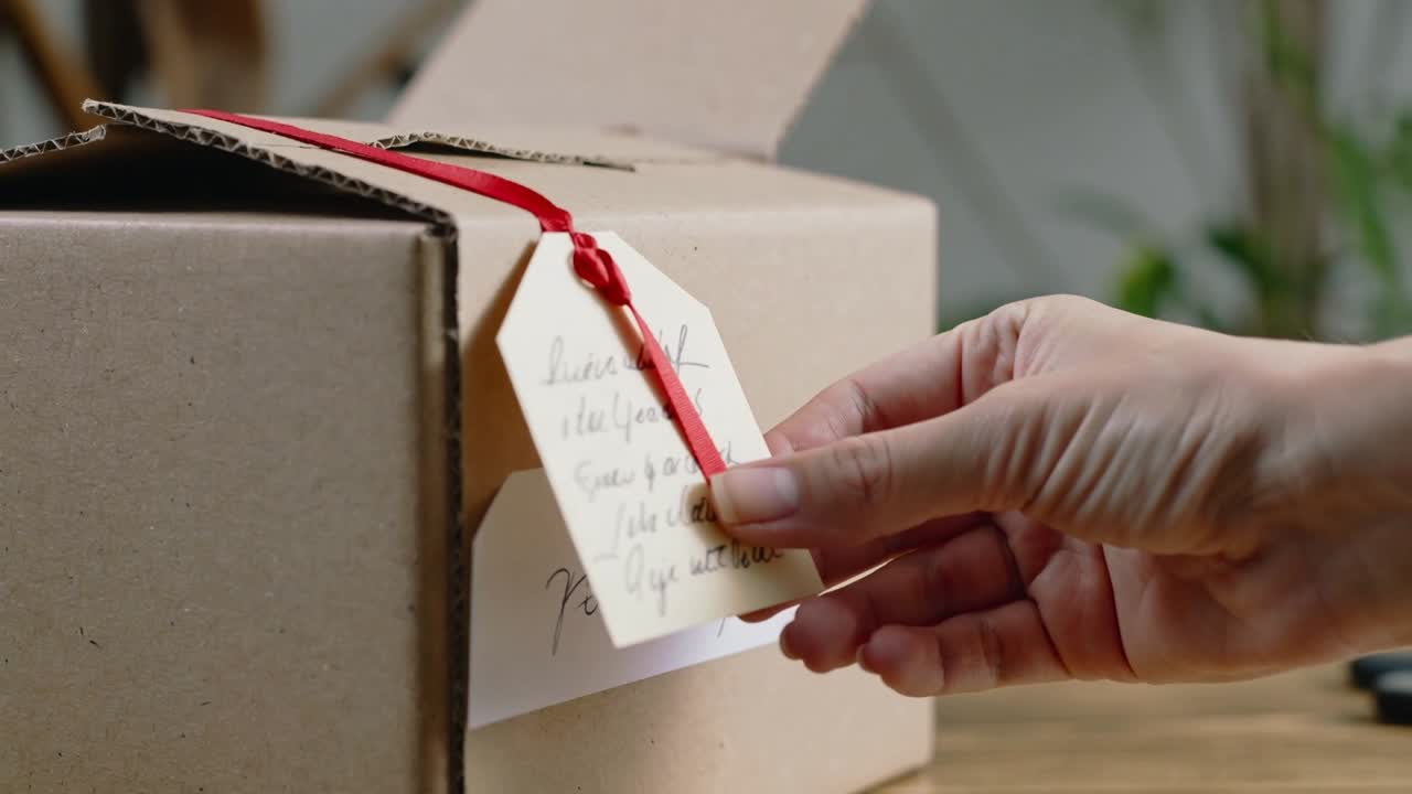 Pellizcando una etiqueta beige en una cinta roja, mano derecha levantando, girando y alineando en un paquete para leer el nombre.