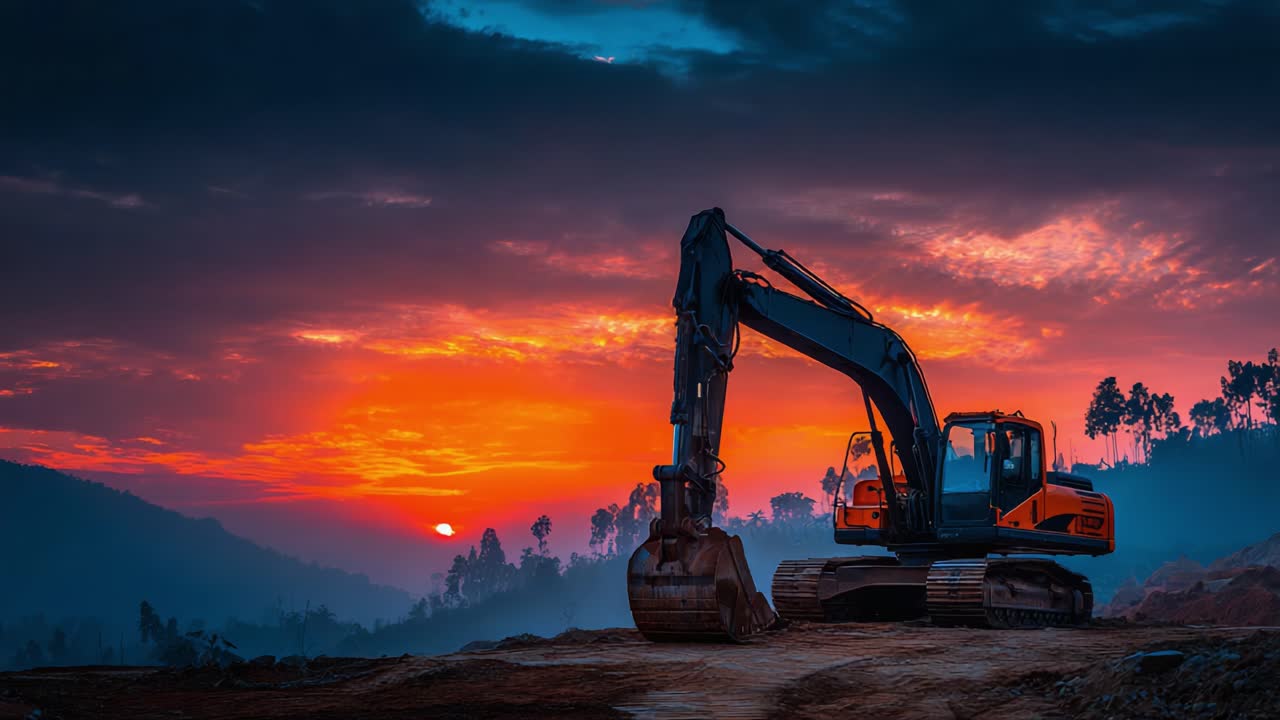 A Majestic Excavator Silhouetted Against a Colorful Sunset, Highlighting the Power and Grace of Heavy Machinery in a Scenic Landscape
