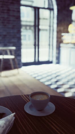 a cozy cafe features a wooden table with a small cup of coffee and a dessert