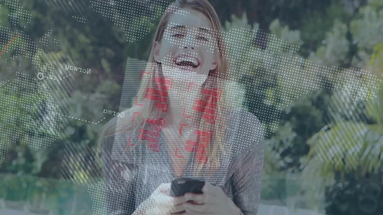 Panoramica della telecamera che mostra una donna che interagisce con lo smartphone mentre grafici animati evidenziano dati aziendali.