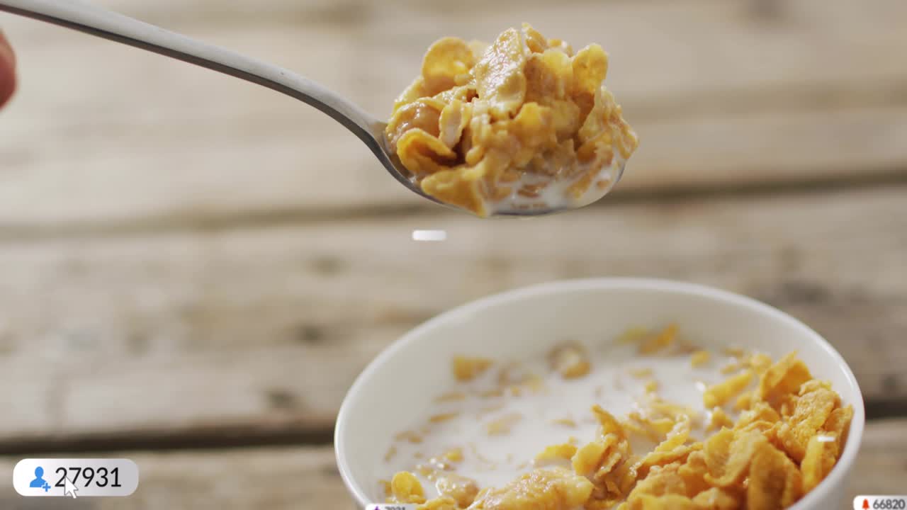 Hand stirring cereal initiating floating notification icons visualizing rising engagement metrics