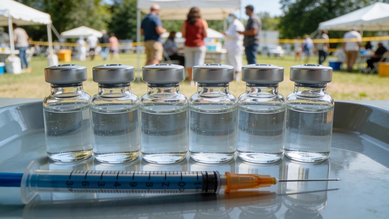 Recording clinic opening, staff preparing doses at outdoor park while six vials and syringe on tray