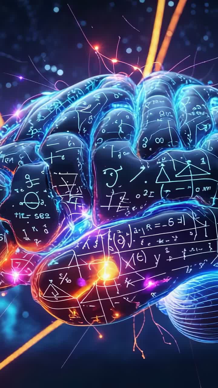 Vertical video: Pulsing orange beams driving 3D brain rotation in digital space, with glowing nodes