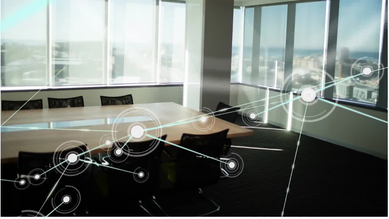 사무실의 비어있는 회의실에 대한 연결 네트워크의 애니메이션