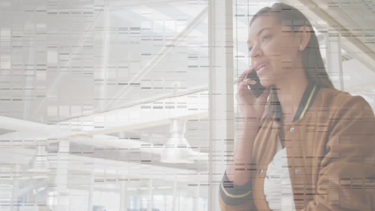 Woman checking smartphone, initiating business call, gazing by glass atrium, scanlines overlaying