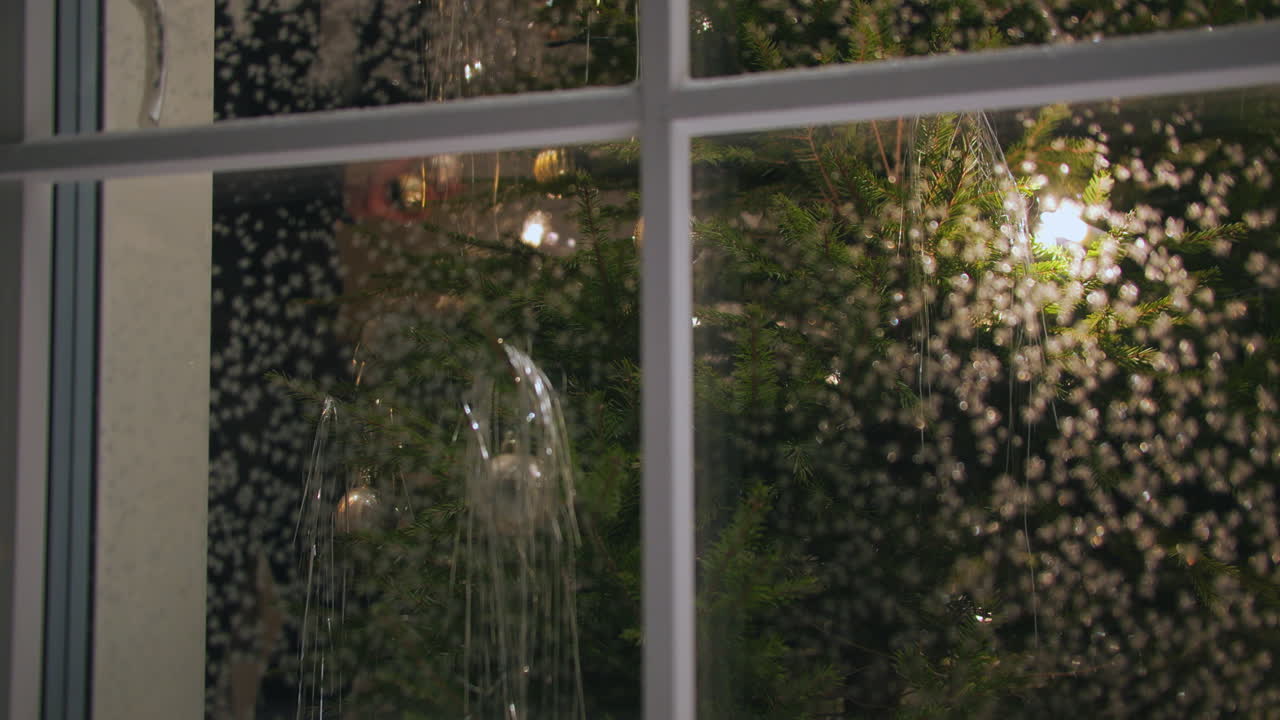 여자는 서리가 내린 창문을 통해 외부에서 촬영된 아늑하고 따뜻한 집에서 크리스마스 트리를 장식합니다.