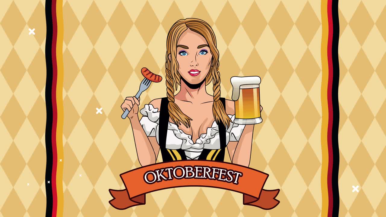 섹시한 소녀가 소시지를 먹고 맥주를 마시는 행복한 oktoberfest 축제 애니메이션