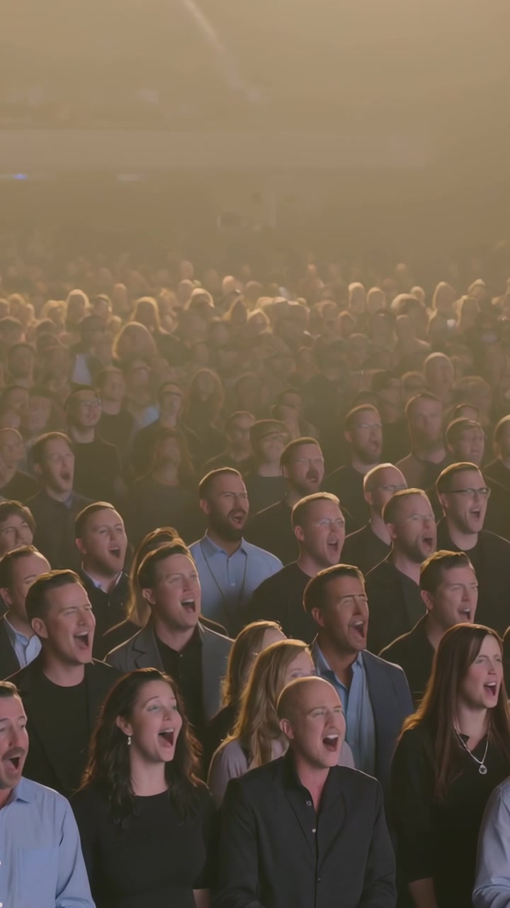 Video verticale: Le prime file nell'arena si appoggiano a una ringhiera metallica, reagendo a un segnale e cantando verso il palco.