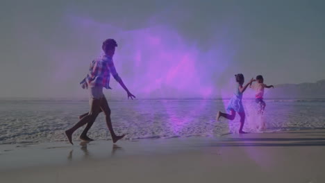family running and splashing on sandy beach, with animated heart icon and health chart