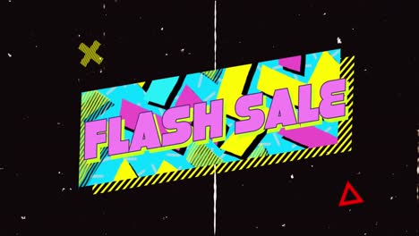 Animation-of-flash-sale-text-on-retro-speech-bubble-with-abstract-shapes