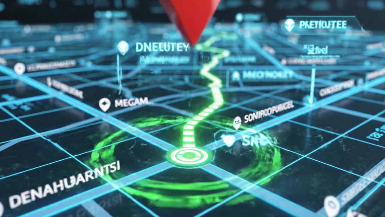 A Dynamic Navigation Visualization Showing a Red Map Marker on a Futuristic Grid, Highlighting Route Directions and Location Tracking Technology in Action