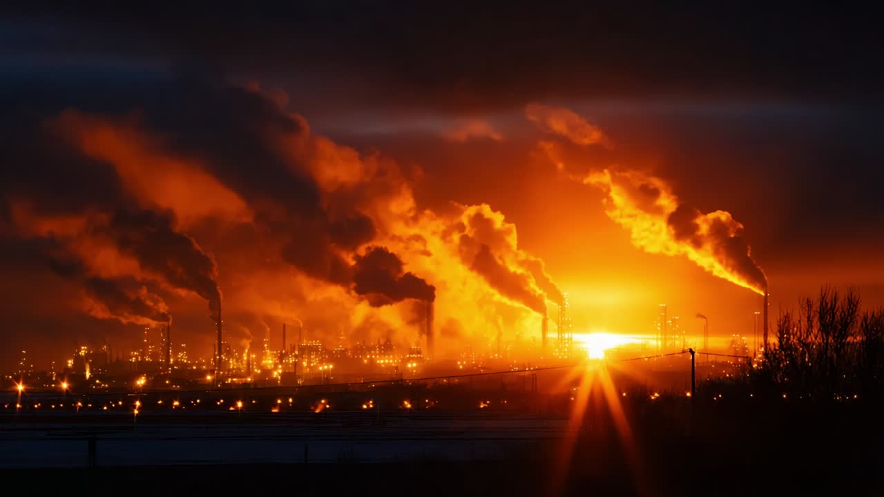 Dramatic Evening Industrial Landscape with Billowing Smoke Stacks and a Radiant Sunset Casting an Orange Glow Over the Factory Scene, Emphasizing Manufacture, Energy Production, and Environmental Impact