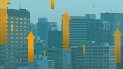 animation of multiple yellow arrow icons moving upwards against aerial view of cityscape