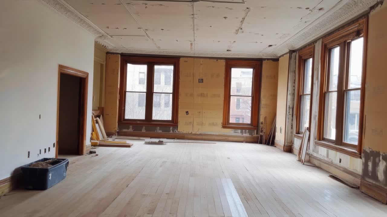Wide-angle shot of a partially renovated room with large windows, showcasing a minimalist, rustic