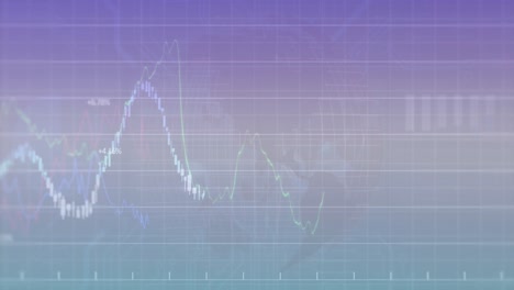 Animation-of-financial-data-processing-over-spinning-globe-against-purple-gradient-background