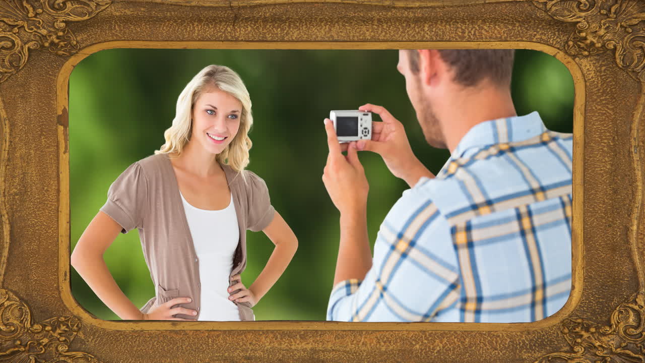animación del cuadro sobre una pareja caucásica tomando una foto sobre un fondo negro