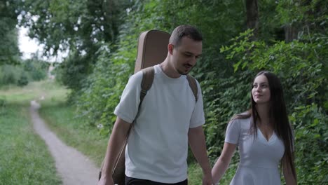 couple walking in the woods