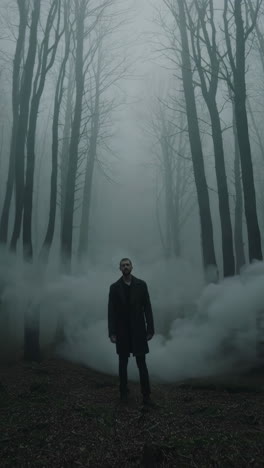 man walking through a foggy forest