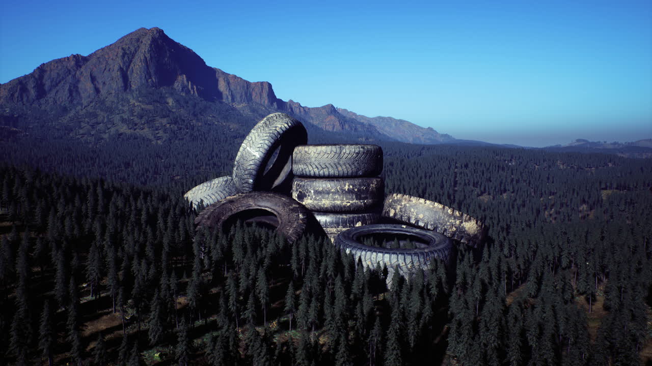 Discarded tires create an unusual mountain formation in a serene forest