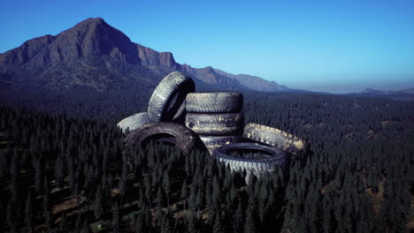 discarded tires create an unusual mountain formation in a serene forest