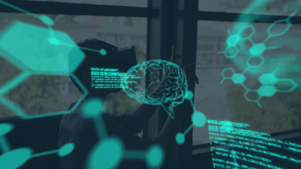 Animation of data processing over caucasian boy using vr headset