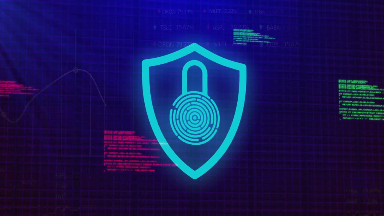 animazione dell'icona biometrica e elaborazione dei dati su sfondo scuro