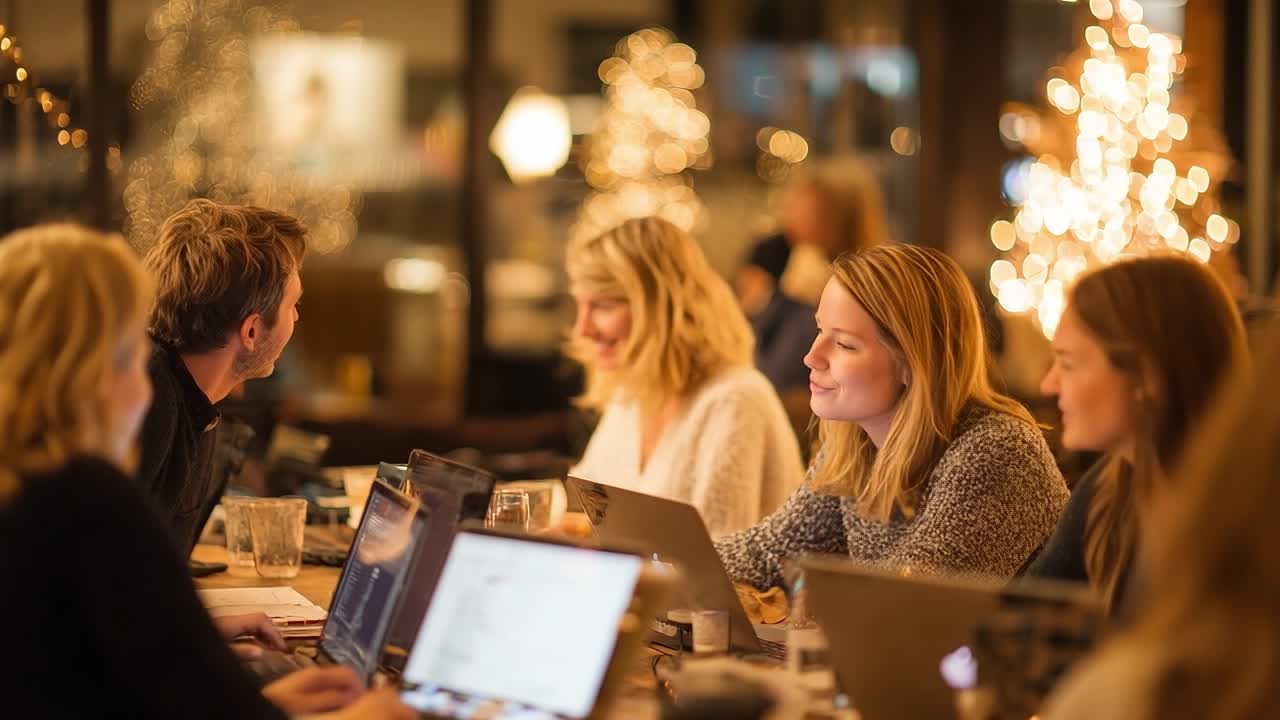 People collaborating at a cozy cafe with holiday decorations
