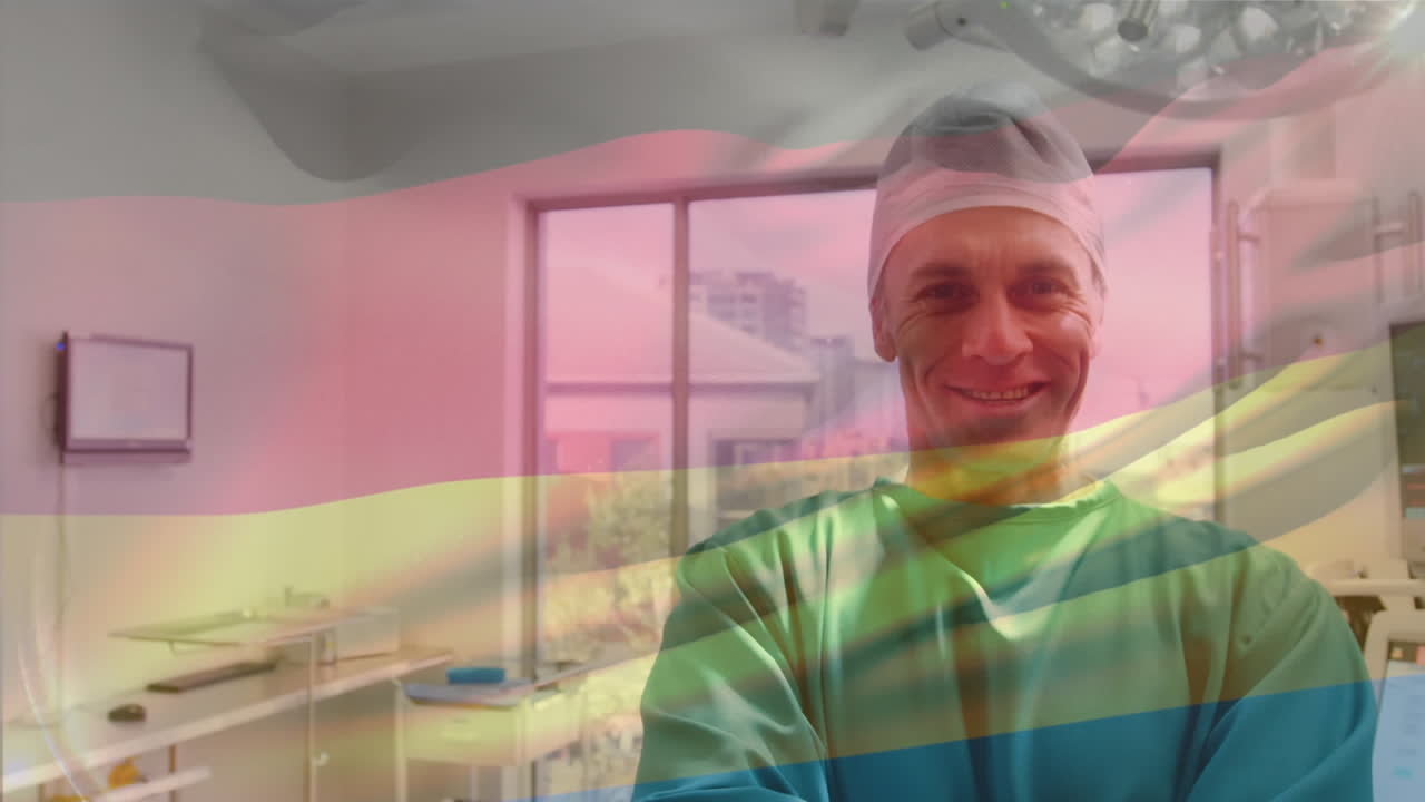 수술실에서 외과의사 위에 흔들리는 독일 국기의 애니메이션