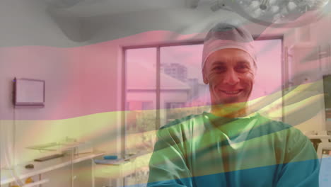 animation of flag of germany waving over surgeon in operating theatre