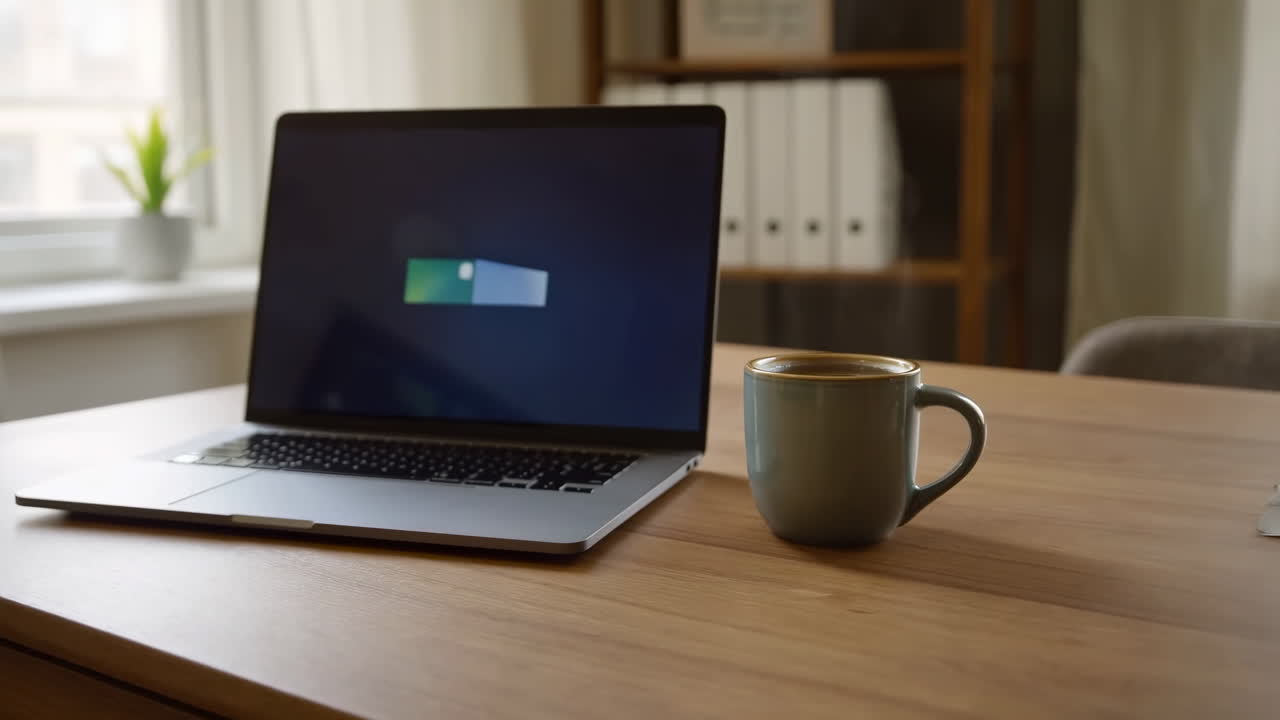 Laptop e tazza di caffè fumante su una scrivania di legno