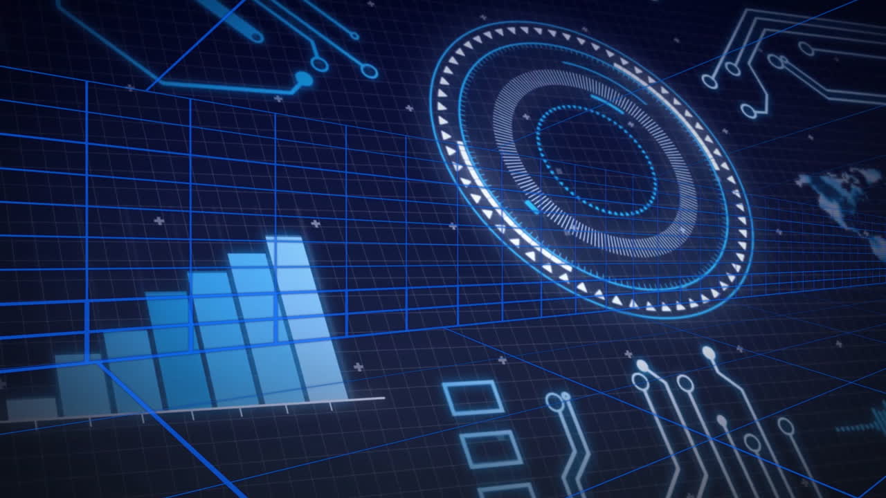 In school, animation of futuristic digital interface with blue geometric patterns