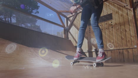 woman balancing skateboard on wooden ramp under wooden beams with floating sports chart animations