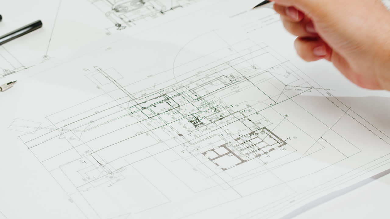 Hand Working on Architectural Blueprint