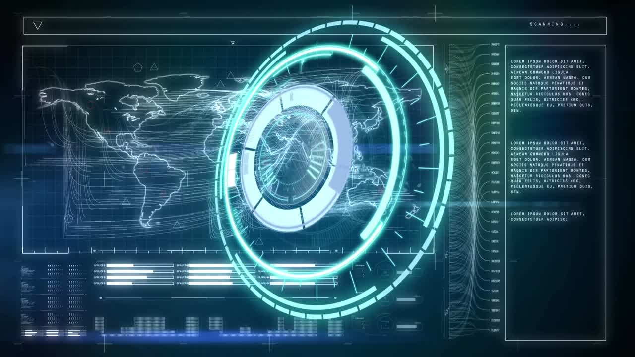 анимация вращающегося безопасного замка над картой мира и обработкой данных на черном фоне