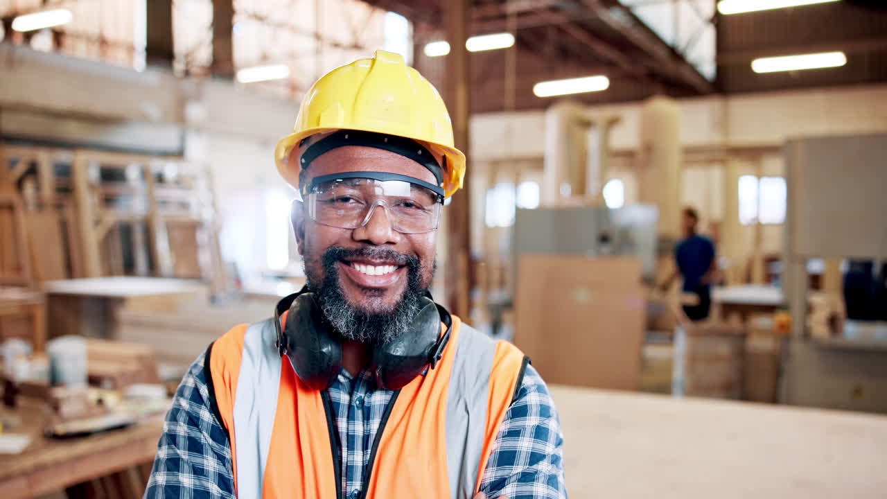 Ouvrier du bâtiment afro-américain souriant, portant un casque et un équipement de sécurité